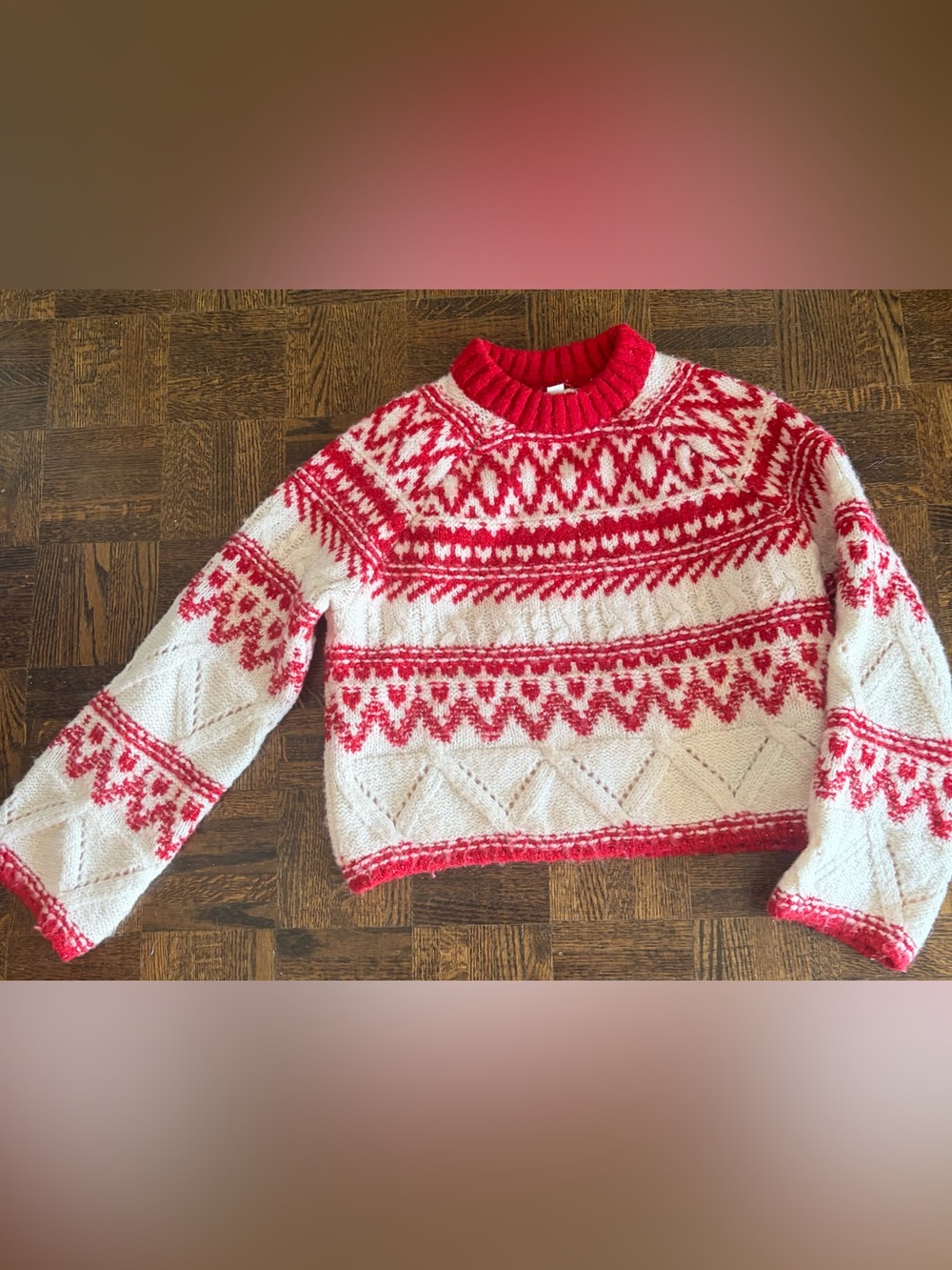H&M Red and White Fair Isle Crewneck Sweater